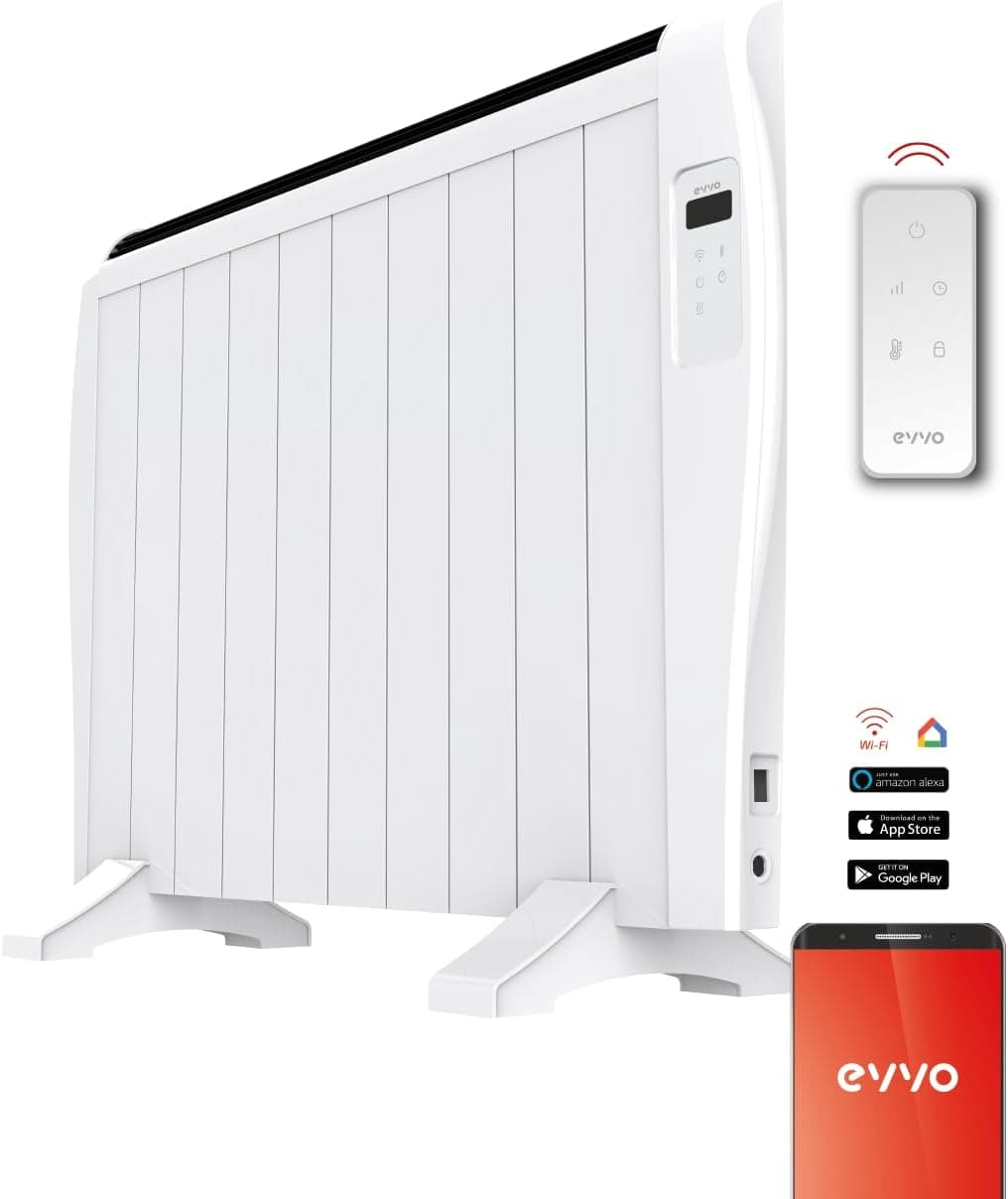 Radiador emissor térmico EVVO C10 branco, 1500 W, até 20 m2, instalação de chão ou parede, controlo por voz, Google Home, 10 elementos, bloqueio infantil, Wi-F, controlo remoto, temporizador