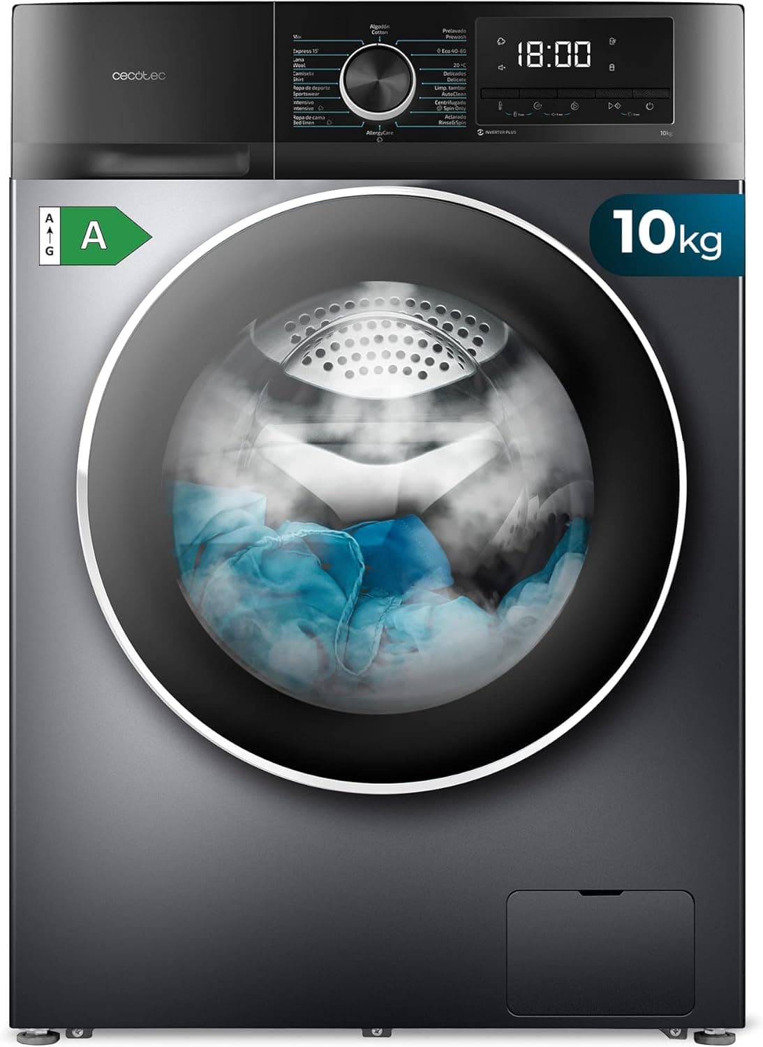 Cecotec Lavadora 10 kg de carga frontal Bolero Dresscode 10500 Inverter Steel A. 1950W, 1400 rpm, Inverter Motor Plus, baixo consumo, 16 programas, lavagem a vapor, Delay Start, aço