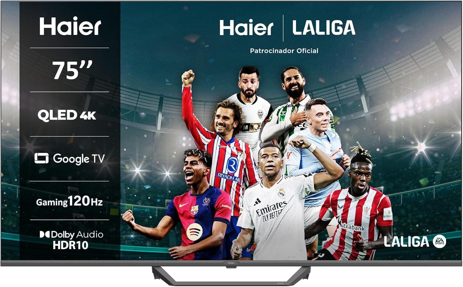 Haier QLED 4K UHD H75S80FUX 75 polegadas Smart TV, Google TV, Dolby áudio, HDR 10, Smart Remote Control, Google Assistant, Bluetooth 5.1, 120Hz Gaming, USB 2.0, DBX TV, HDMI 2.1 x 4 Sem mar Cos, 2024