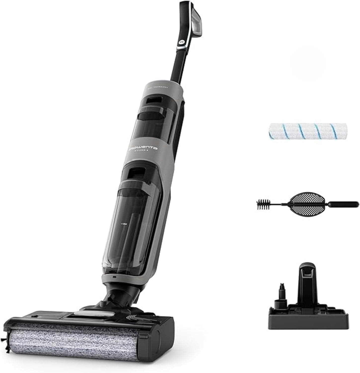Rowenta X-Clean 4, esfregona elétrica sem cabo, 2 em 1 aspirador e esfregue ao mesmo tempo, 200 W, ecrã de controlo inteligente, ajuste automático de limpeza: Eco, automático e máx, cinzento, GZ5036WO