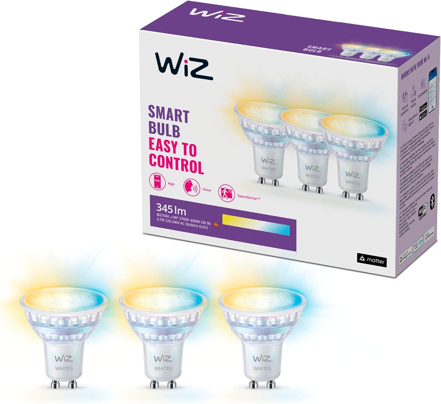 WiZ - Lâmpada LED inteligente GU10 de vidro - 50 W, tons de branco, Wi-Fi/Bluetooth, controlo por voz/aplicação, funciona com Google Home, Alexa e HomeKit, pack de 3 lâmpadas
