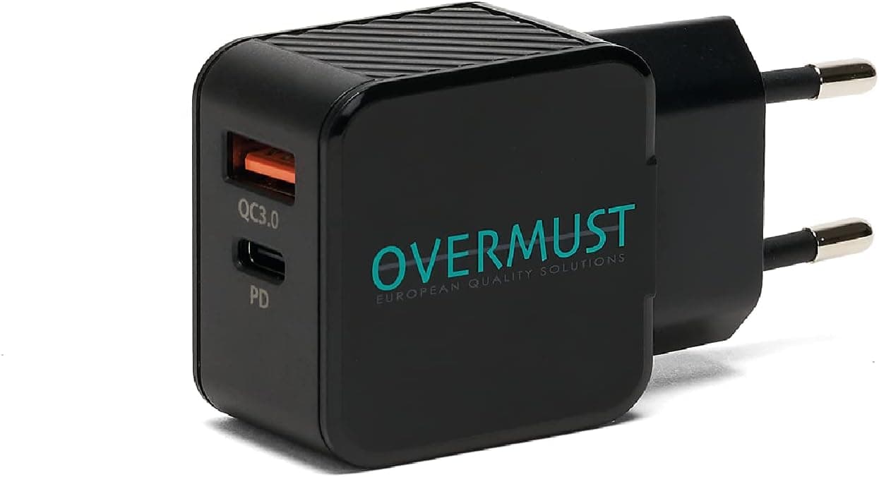 OVERMUST | Carregador de parede 25 W com USB-C PD e USB-A QC 3.0 para carregamento rápido