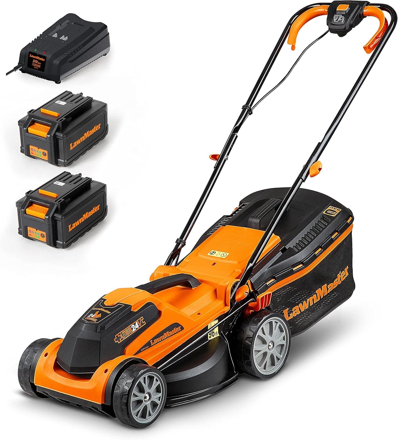 LawnMaster CLMF2434G Corta-relvas com bateria 2 x 24 V 4,0 Ah, 34 cm até 300 m², altura de corte 6 níveis 20-70 mm, saco de recolha de 32 l