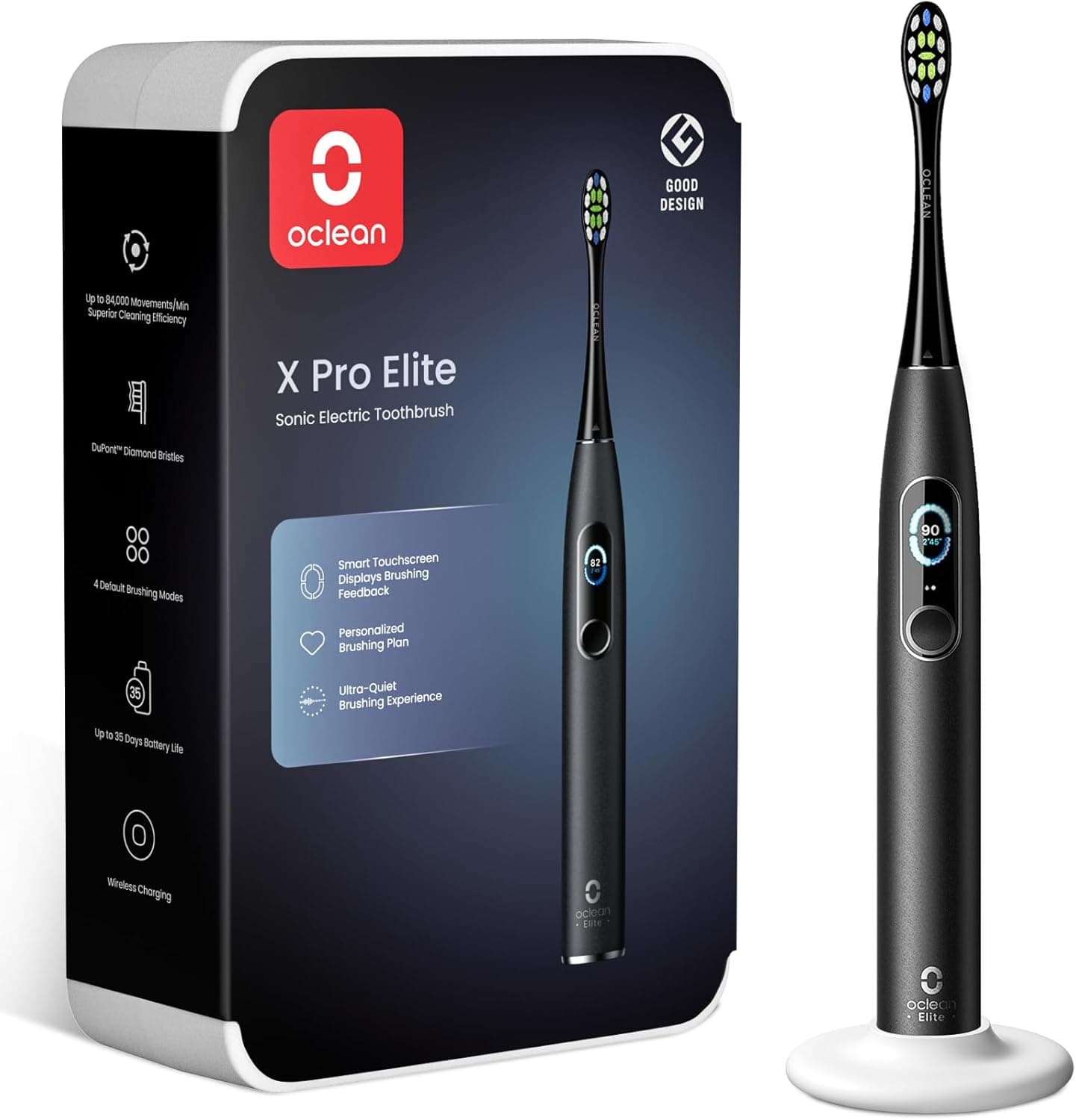 Oclean Escova elétrica X Series Pro Elite, super silenciosa, ecrã táctil inteligente, 4 modos, 32 níveis de intensidade, 35 dias, IPX7, suporte de parede, embalagem ecológica, preto