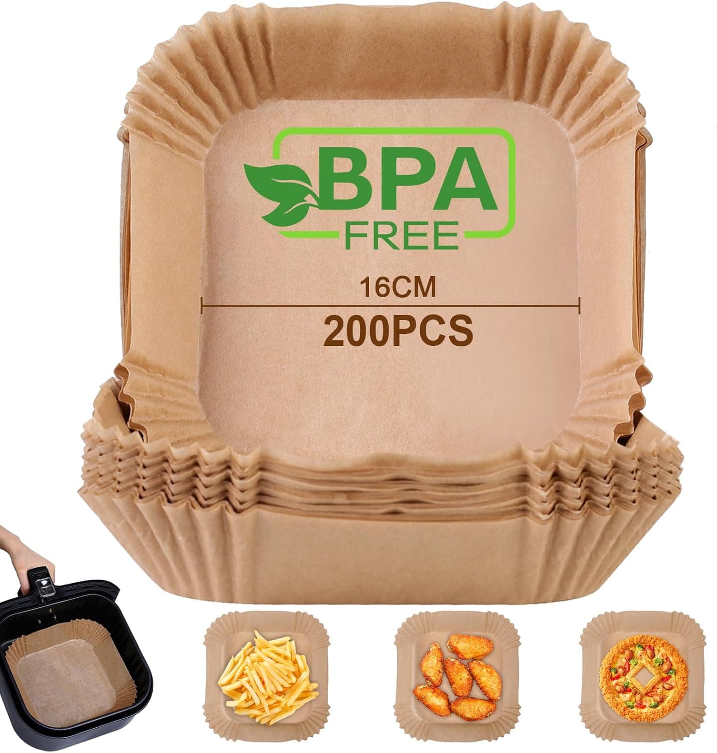 AiQInu Papel de fritadeira de ar quadrado, 200 peças, 16-20 cm, Food-Grade BPA, livre de papel pergaminho descartável, papel forno de óleo antiaderente para 3-4,5 l fritadeira de ar e micro-ondas