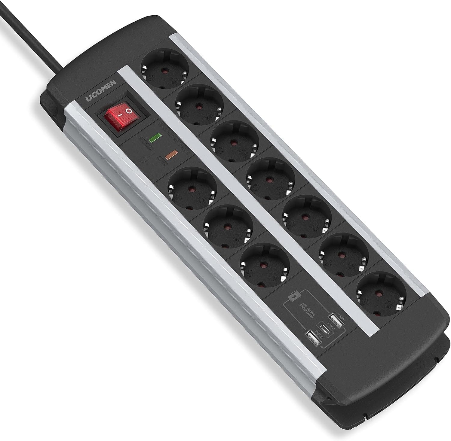 extensão de 10 tomadas com proteção contra picos de tensão, sobrecarga, proteção infantil, interruptor, carregamento rápido de 20 W USB A e USB C