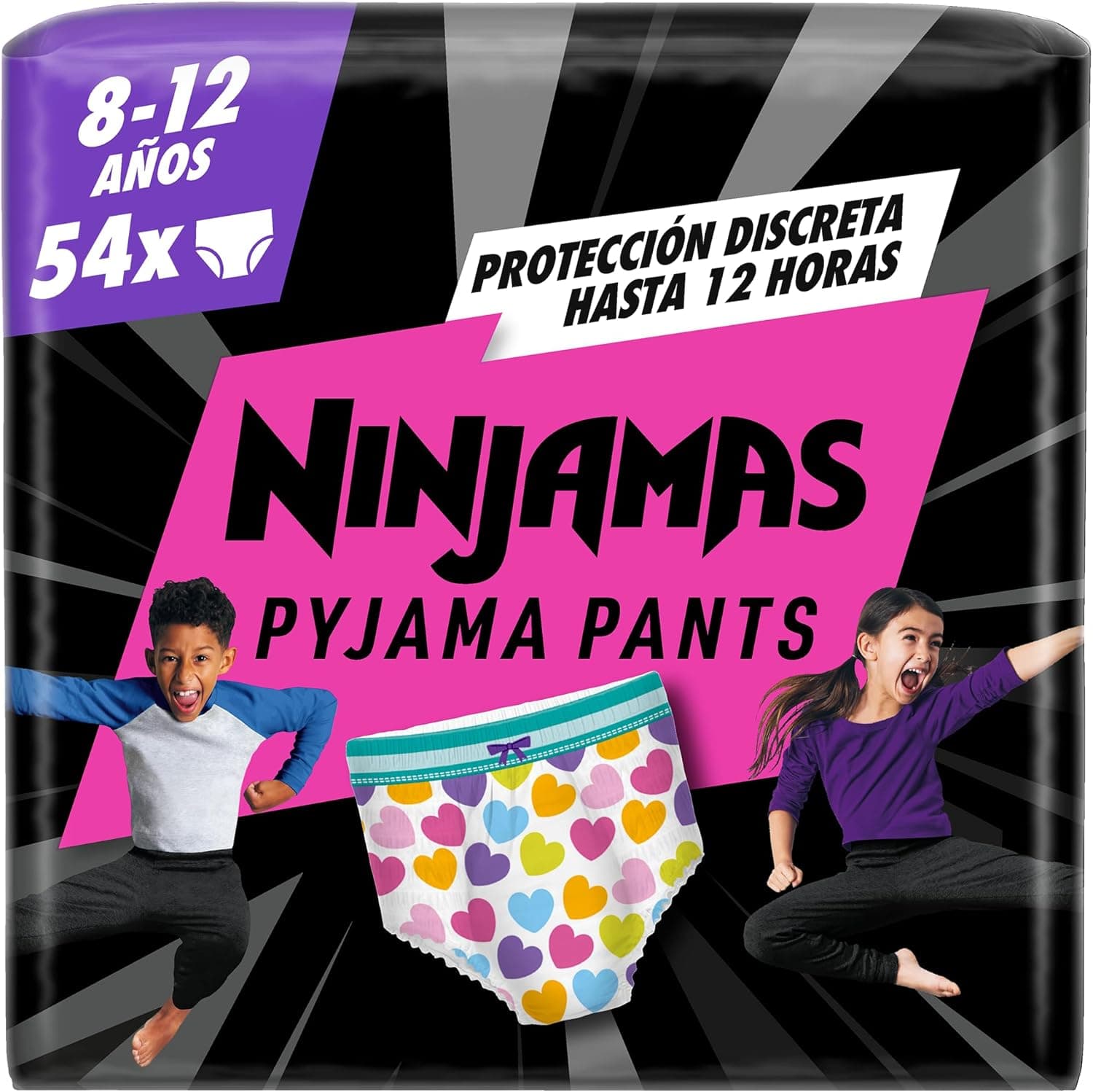 Ninjamas Fralda de pijama com corações, 9 fraldas de pijama, 8-12 anos, 27 kg - 43 kg, proteção contra fugas toda a noite