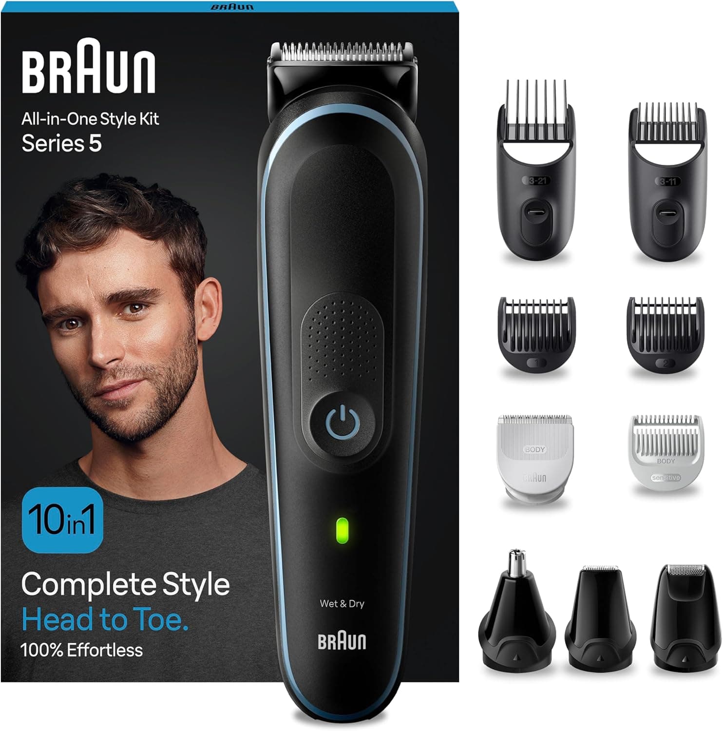 Braun Aparador de barba série 5 máquina de cortar cabelo, máquina de barbear, corta-pelos homem com kit 10 em 1 para barba, pelos, depilação masculina, MGK5445