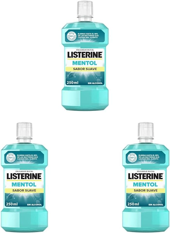 Listerine Mentol (1 x 250 ml), lavagem bucal com flúor, colutório bucal com 24 horas de proteção, elixir bucal mentolado para uma respiração fresca e duradoura (embalagem de 3)