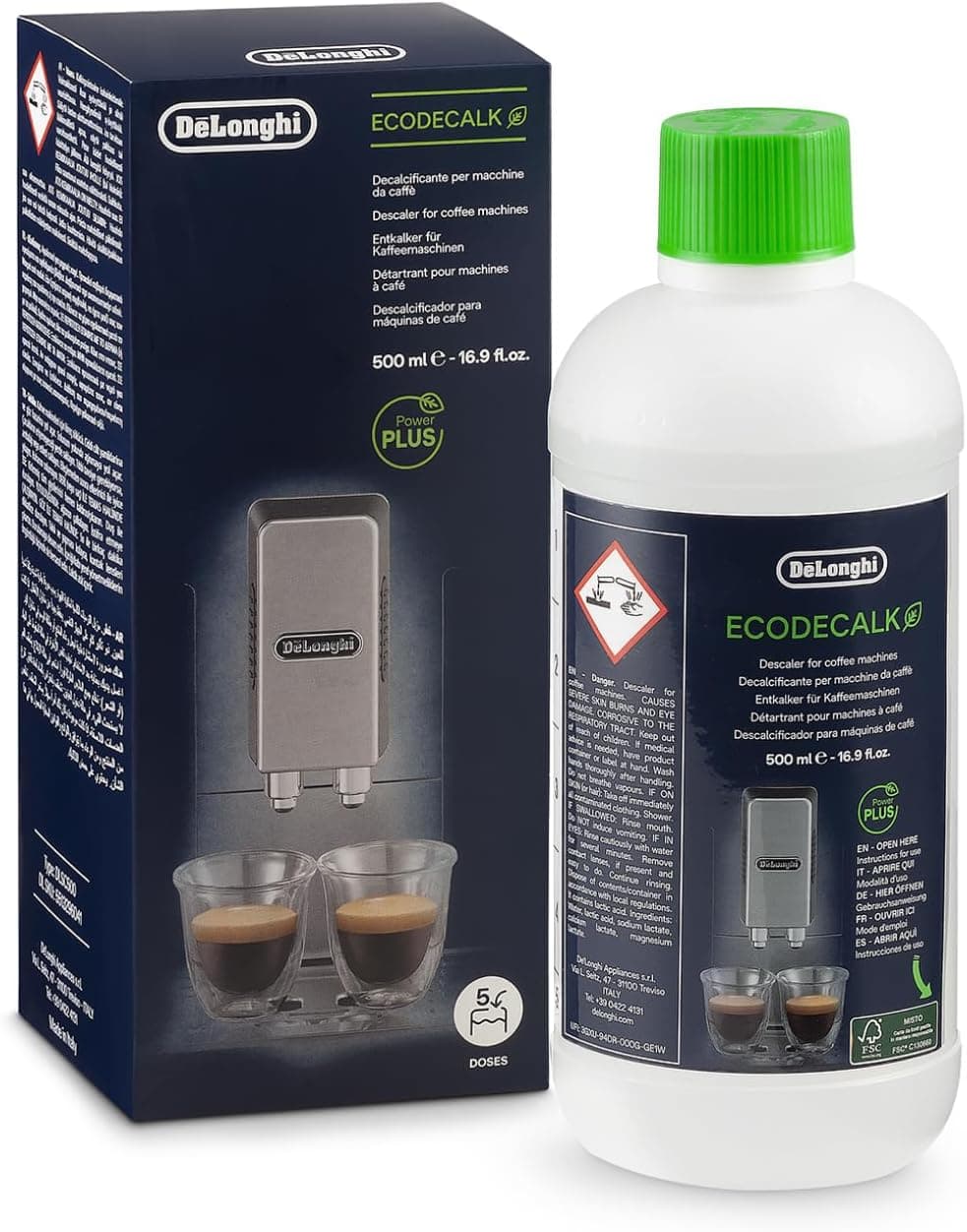 De'Longhi EcoDecalk Dscalcificador DLSC500, 5 doses de escalcificação, acessório de manutenção para máquina de café, ingredientes de origem vegetal, garrafa com 5 doses, 500 ml