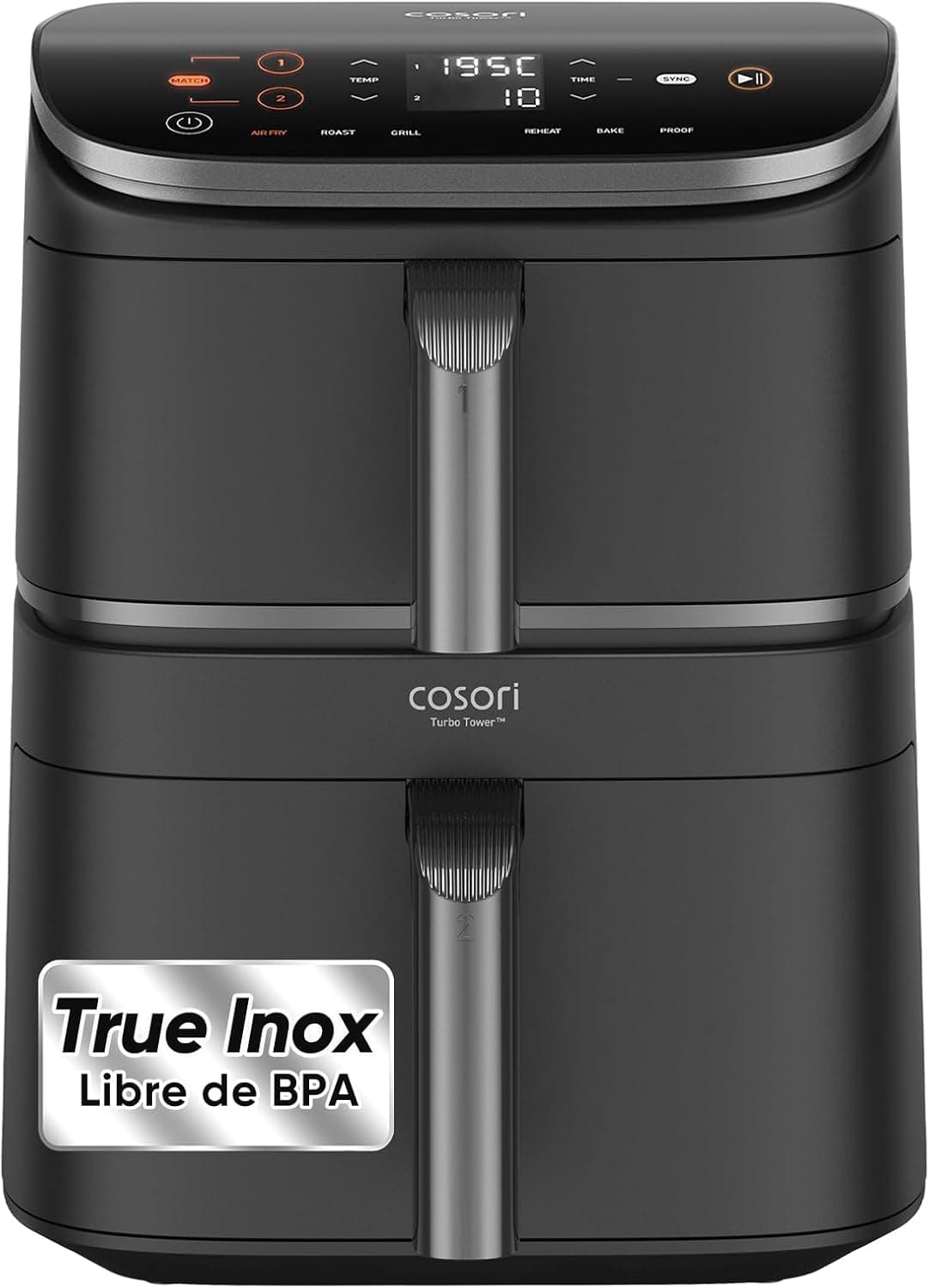 Cosori Turbo Tower Fritadeira de ar de 10,8 l, True Inox cesta dupla, economia de espaço, alta potência de 2630 W e mais rápida, 6 funções, refeições sempre equilibradas, cozinha sem limites