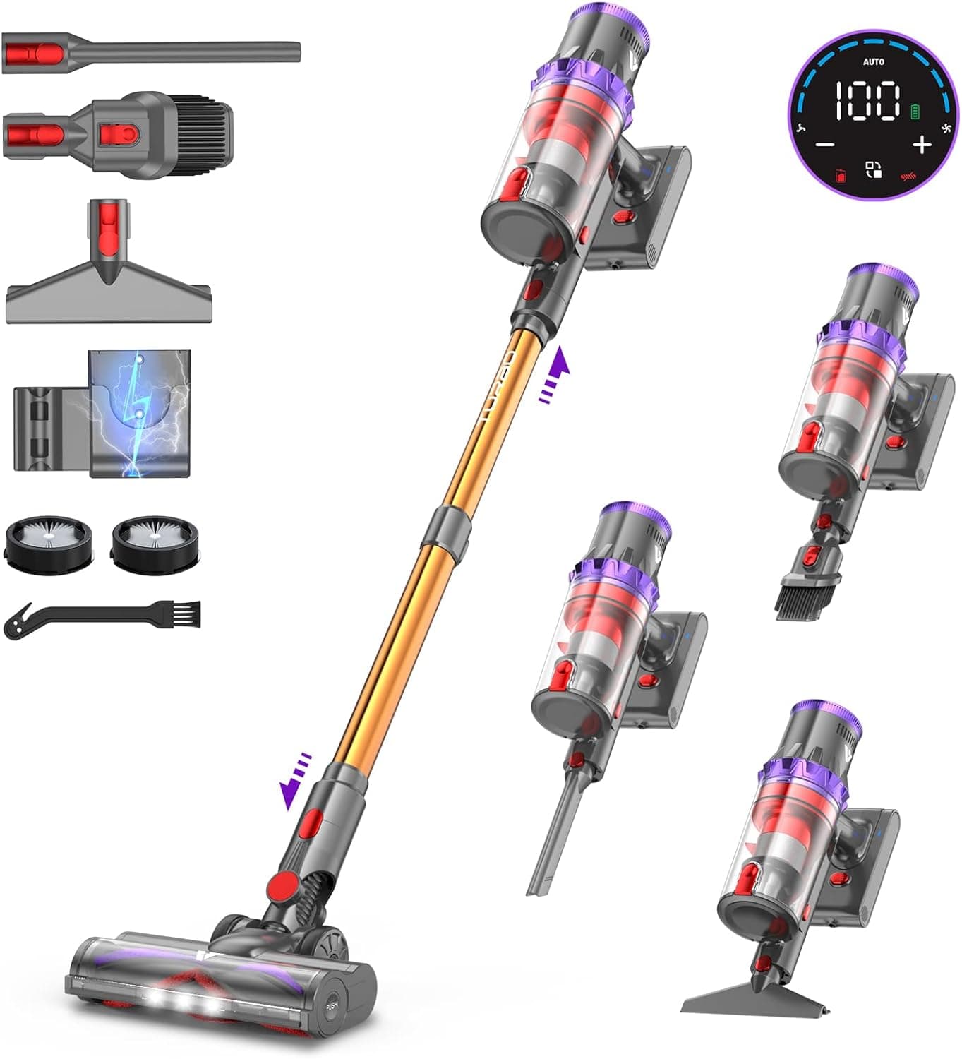 coovy SU7 Aspirador sem cabo 580 W/45 Kpa/70 m, potente aspirador vertical com ecrã tátil LED, anti-emaranhado e modo automático para pavimentos e pêlos de animais
