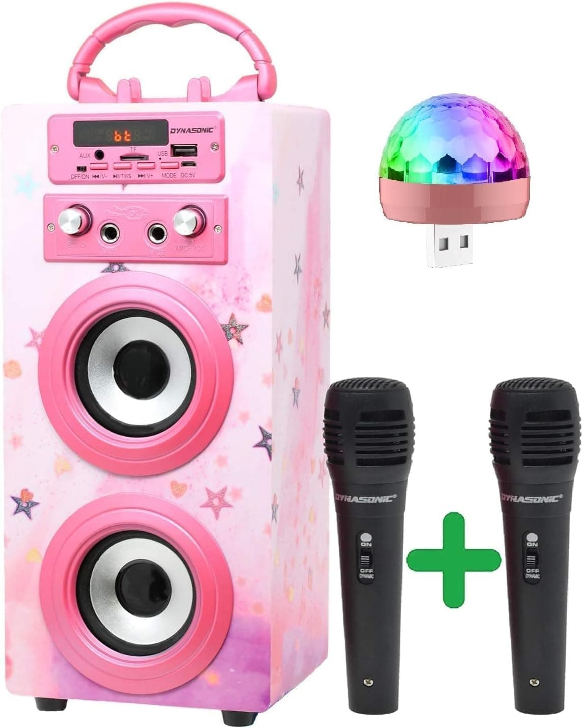 Máquina de karaokê portátil DYNASONIC, altifalante karaoke com 2 microfones, altifalante Bluetooth, luz USB incluída, leitor USB e SD, design exclusivo, presente original (025-15 luz)
