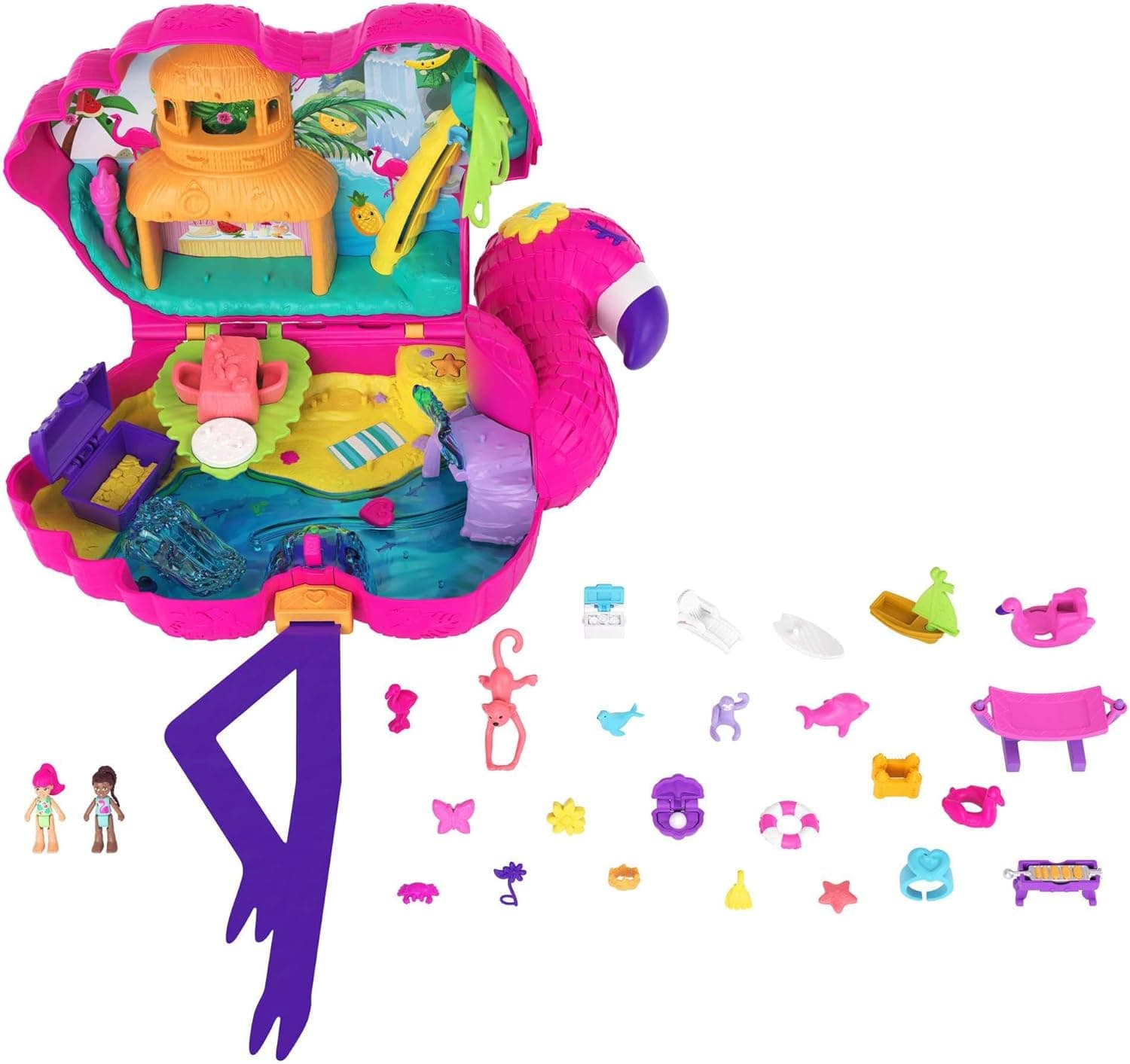 Polly Pocket Party Flamingo Party Estojo de jogo compacto com 26 surpresas (incluindo as microbonecas Margot e a sua amiga), a partir de 4 anos (Mattel HJN46)