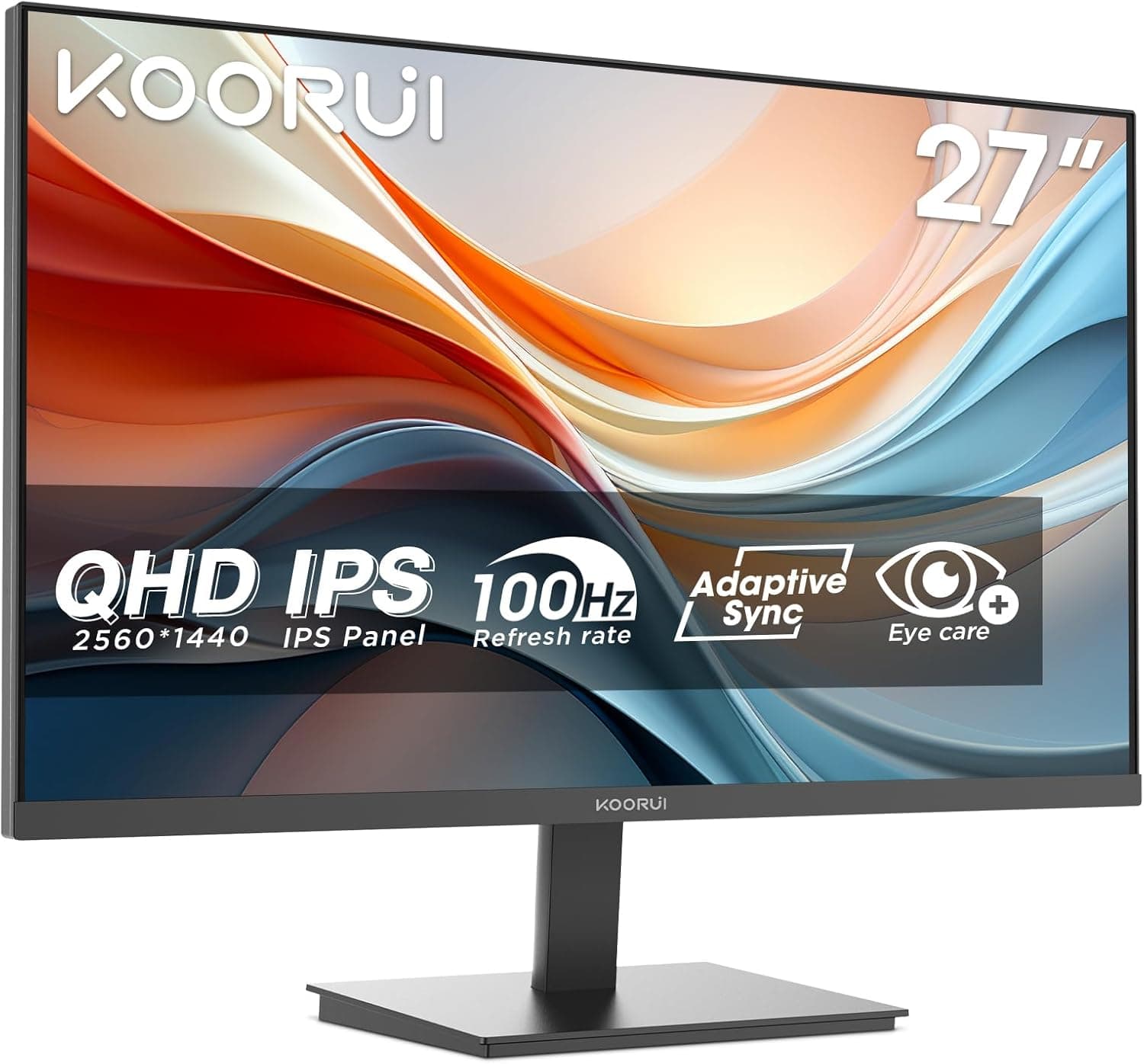 KOORUI E2721F Monitor de 27 polegadas, IPS, MPRT 1MS, QHD 2560x1440, 100Hz, 99% SRGB, 95% DCI-P3, HDR10, adaptador Sync, HDMI 2.0, cuidado dos olhos, inclinável, VESA 100. X100 mm