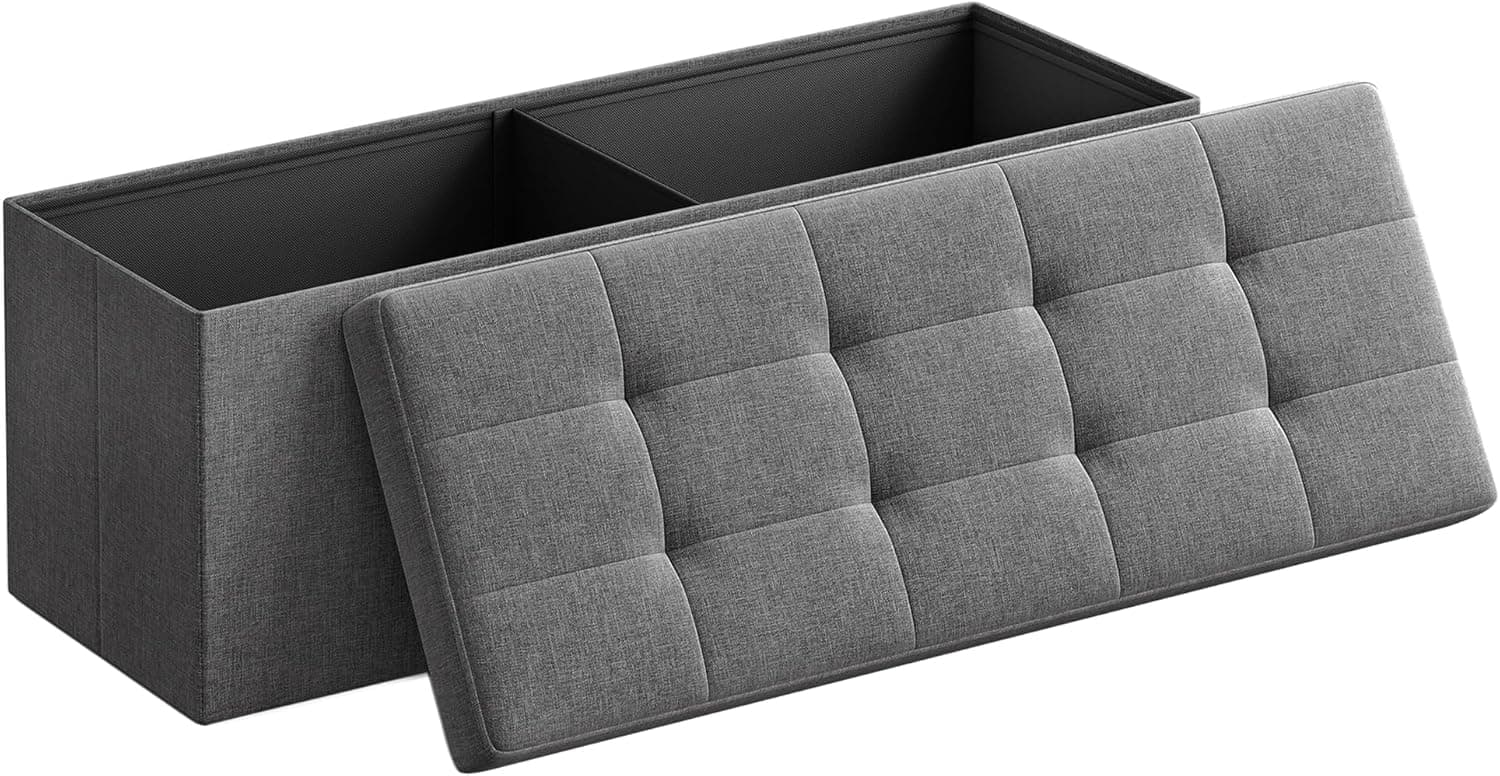 SONGMICS Mazie Coleção - Puff de arrumação, banco dobrável, 38 x 110 x 38 cm, banco de apoio para os pés, pé de cama, suporta até 300 kg, para sala de estar, quarto, entrada, cinzento escuro LSF77K