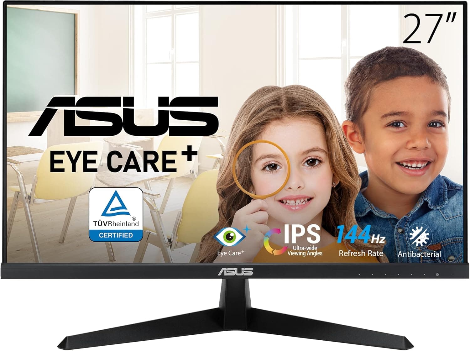 ASUS Monitor de jogos VY279HGE Eye Care de 27" FHD (IPS, 144 Hz, SmoothMotion, 1 ms (MPRT), FreeSync Premium, tecnologia Eye Care Plus, filtro de luz azul, sem cintilação, tratamento antibacteriano)