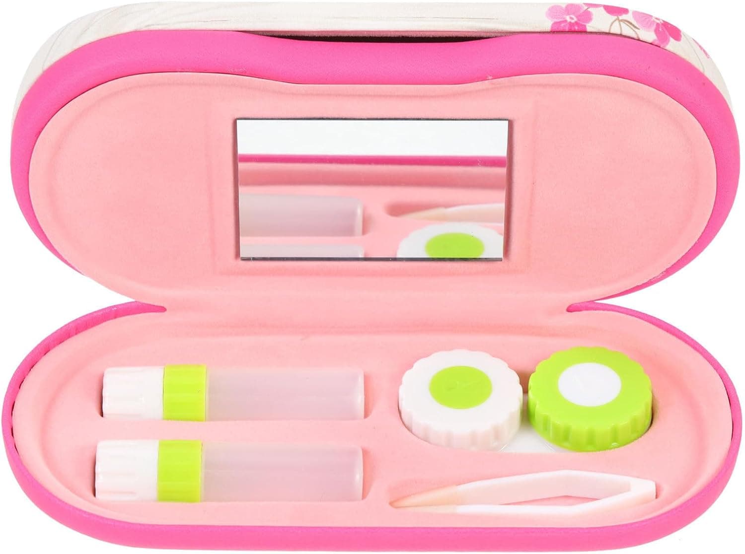 Healifty Estojo para lentes de contacto e estojo para óculos, 2 em 1, recipiente de dupla face com espelho integrado, pinças e garrafa de solução de contacto, capa portátil de dupla face, rosa