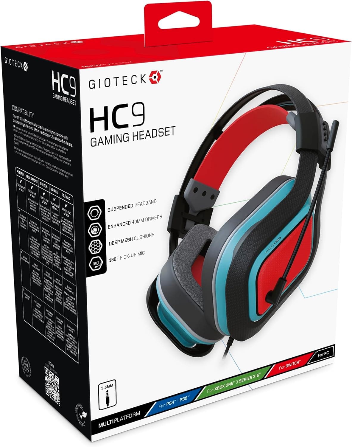 Gioteck HC‑9 – Auricular estéreo com cabo para Switch, PS5, Xbox e PC (vermelho ou azul) 