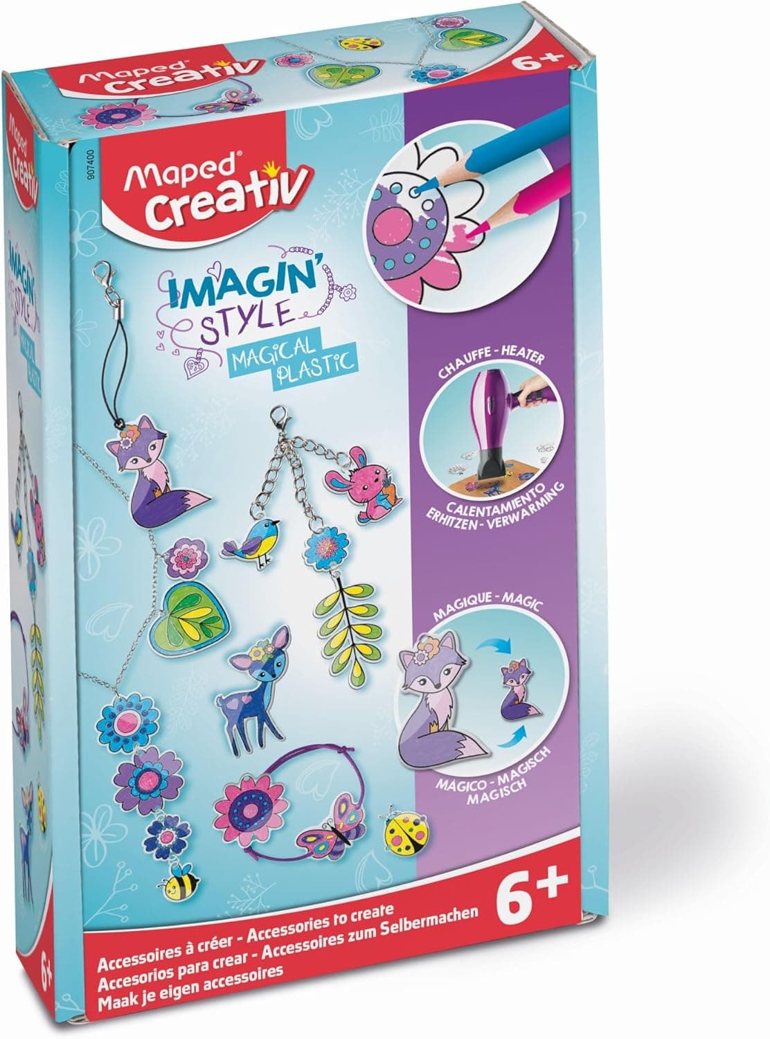 Maped - Conjunto de artesanato para crianças - Imagin Style plástico mágico - A partir de 6 anos - Criar acessórios de moda - inclui 19 desenhos, acessórios para montar e 12 lápis de cor