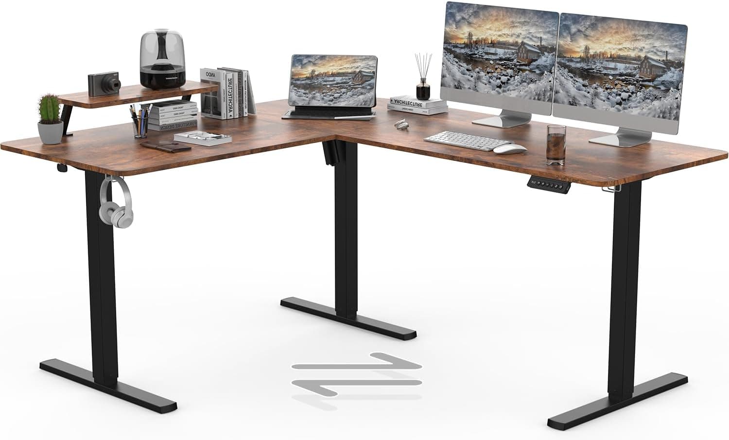 TRIUMPHKEY Secretária de pé intercambiável em forma de L 160 x 140 cm mesa ajustável em altura mesa de pé canto grande gestão de cabos porta USB estação de castanho