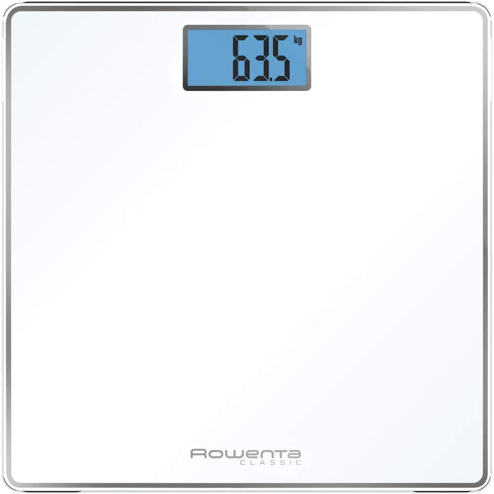 Rowenta Classic BS1501 - Báscula de baño con Pantalla LCD, Compacta, Capacidad de 160 kg, Plataforma de Vidrio y Apagado Automático que Incluye Pilas, color blanca Classic blanca