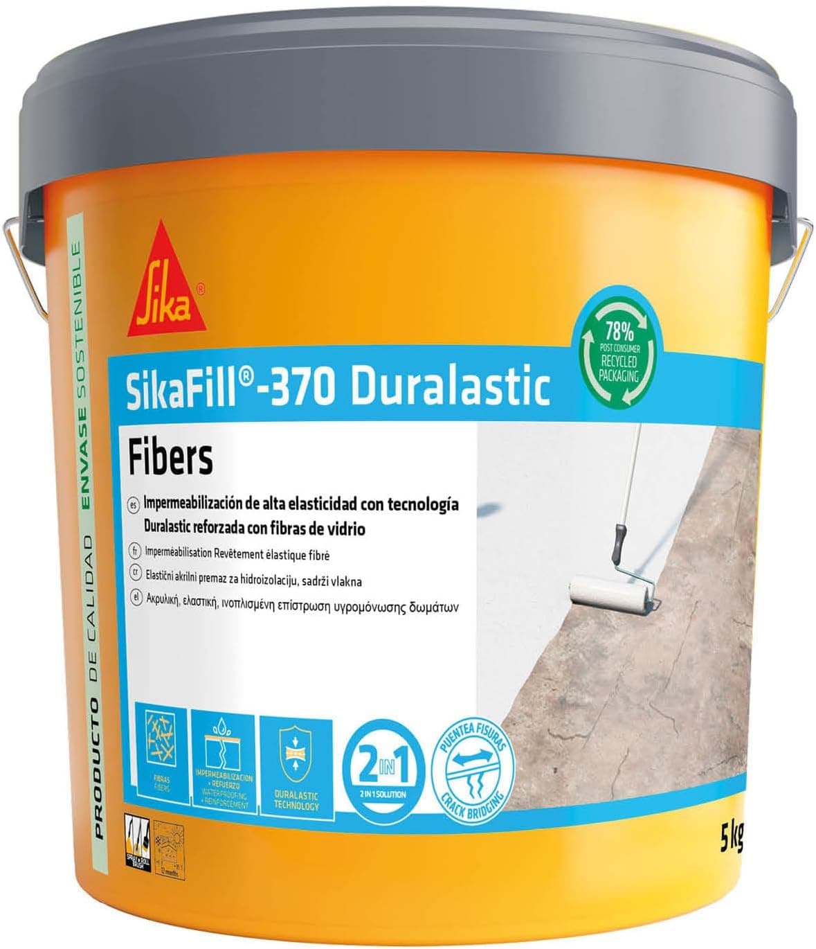 SIKA, Impermeabilização reforçada com fibra, SikaFill 370 Fibers, cinzento, tinta acrílica com fibras de vidro para impermabilização de coberturas e terraços visitáveis, ponte de fissuras, 5 kg