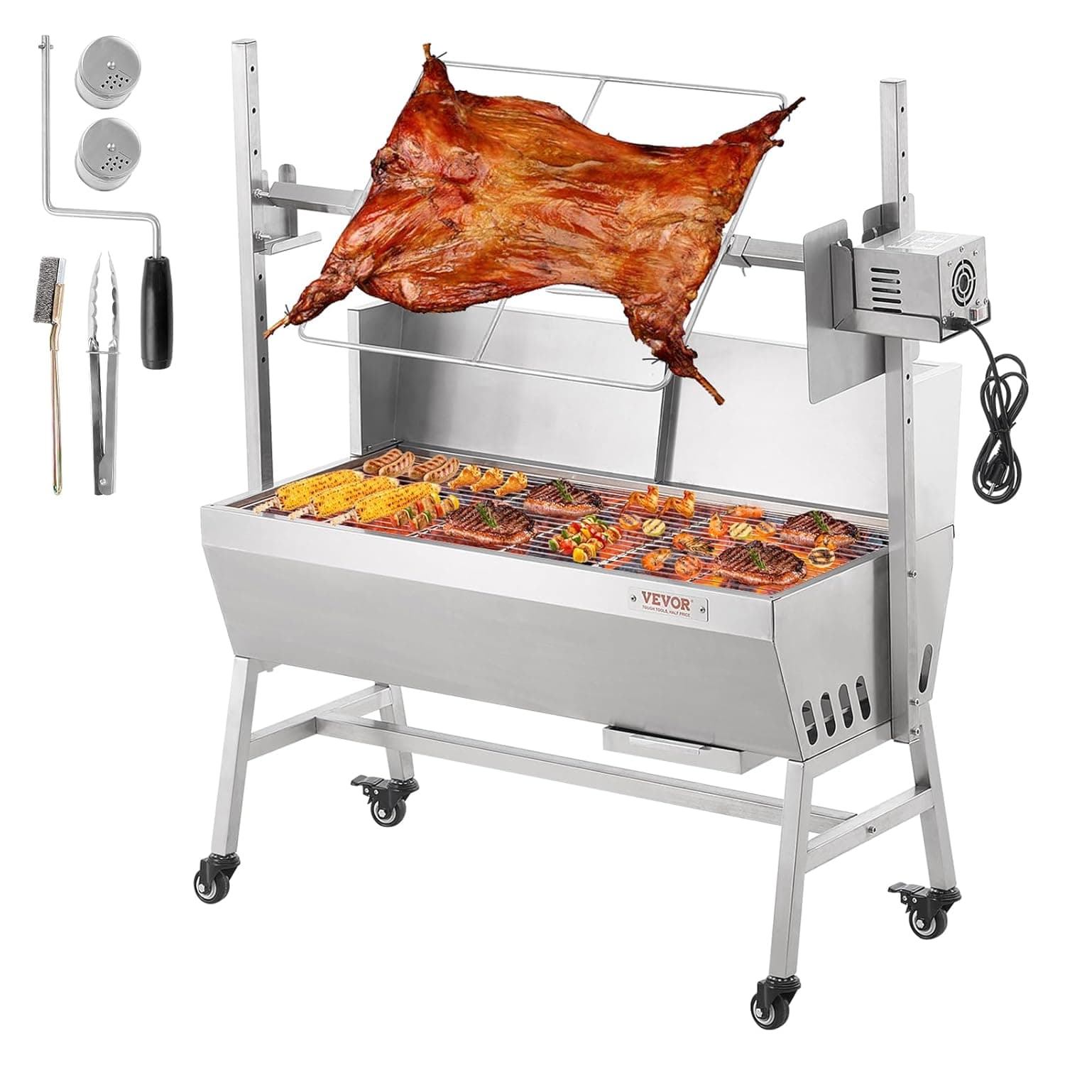 VEVOR Assador de carbono com para-brisas, para assar porco inteiro, cordeiro, capa, motor elétrico de 42 W, assador de aço inoxidável com rodas bloqueáveis para acampar ao ar livre, 1110 x 417 x 1080