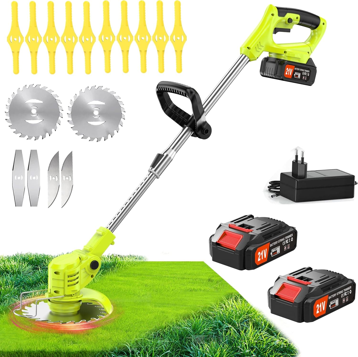Lâmina de cortar relva elétrica 21 v com bateria e 4 tipos lâmina de corta-relvas manual corta-relvas para exteriores, potente corta-relvas, sem fios para céspedes/jardi (amarelo verde-escuro)