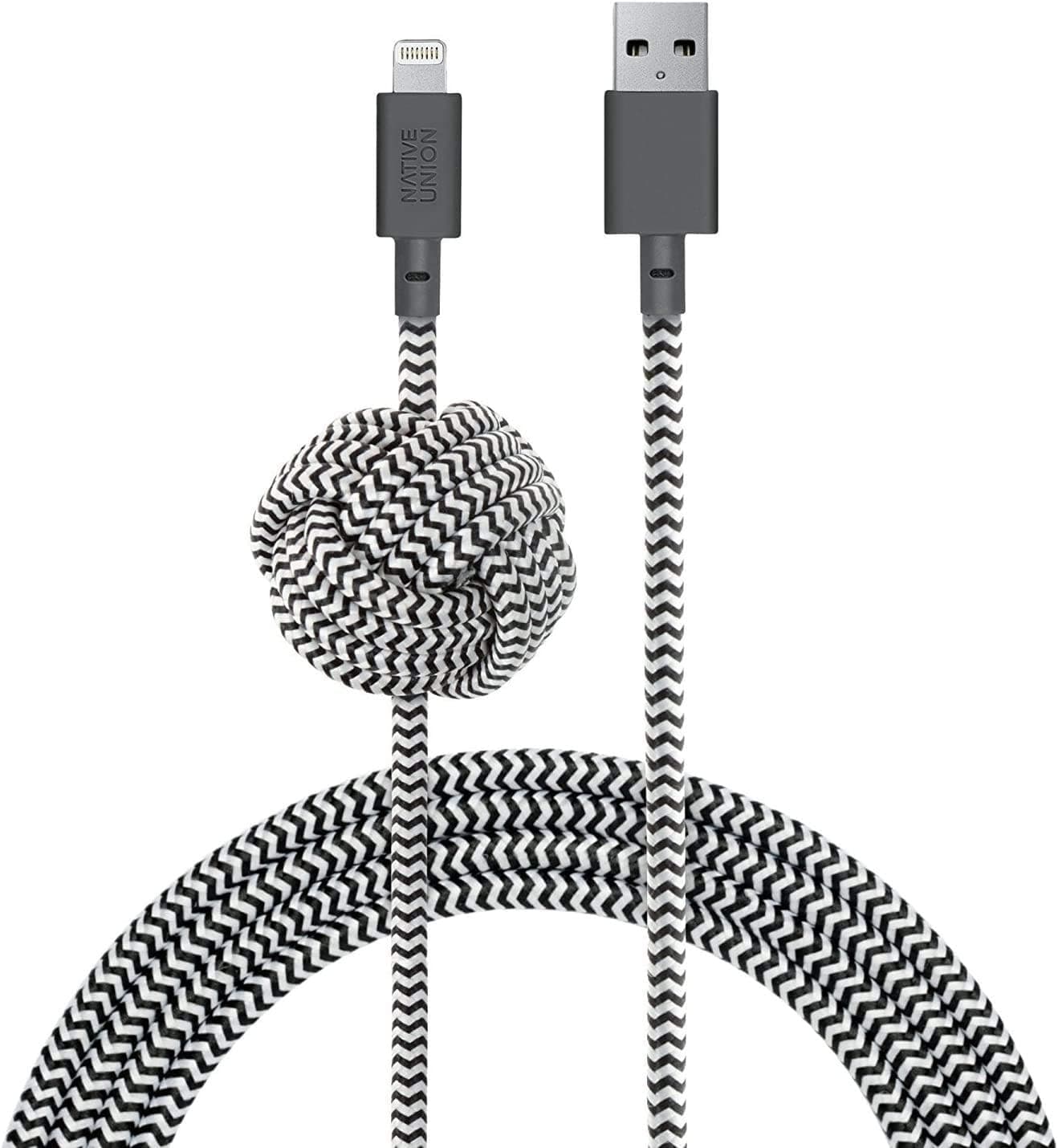 Native Union Cabo noturno - 3 metros ultra robusto reforçado [certificado MFi] cabo de carregamento Lightning para USB com nó lastrado (Zebra)