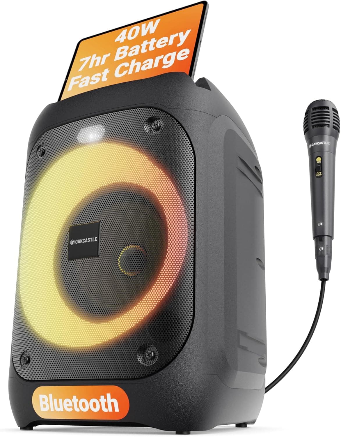 Oakcastle PS100 - Coluna portátil Bluetooth para festas, 40 W de potência e bateria recarregável de até 7 horas, altifalante Bluetooth grande 2.0 com microfone com cabo, modo Karaoke, luzes LED