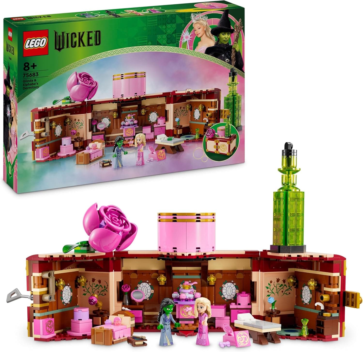 LEGO Wicked quarto de Glinda e Elphaba - brinquedo para brincar e expor com casa de bonecas, 2 mini bonecas, varinhas mágicas e baú - presente para meninas de 8 anos fãs de filme 75683