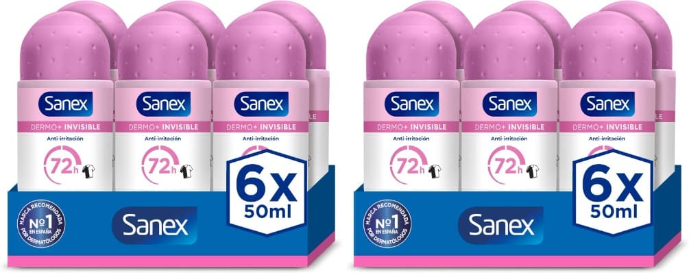 Sanex Dermo+ Invisible | Desodorizante antitranspirante roll-on 72 horas, proteção contra suor e odores, sem álcool, protege da formação de manchas, 12 x 50 ml