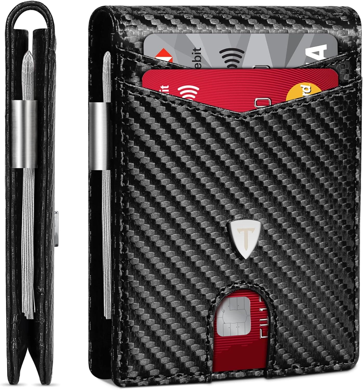 TEEHON Carteira para homem Slim fibra de carbono com bloqueio RFID, porta-cartões homem ranhuras para cartões de crédito, clipe para bilhetes, carteira Bid-Fold (preto)