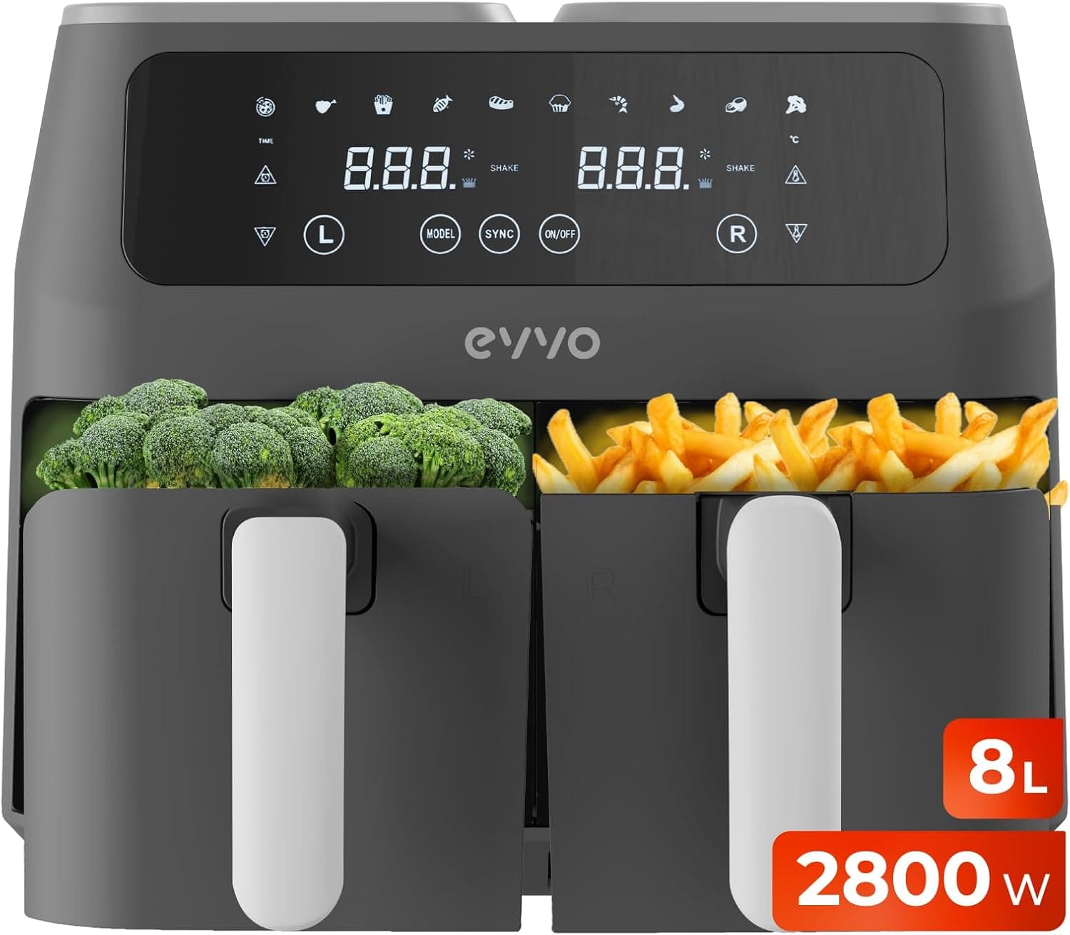 EVVO Frigideira de ar sem óleo de 8 L, 2800 W, cesta dupla, recipiente anti-aderente, tecnologia de ciclo duplo, 10 programas, ao forno, desidratante, descongela, até 200º (cor preta)