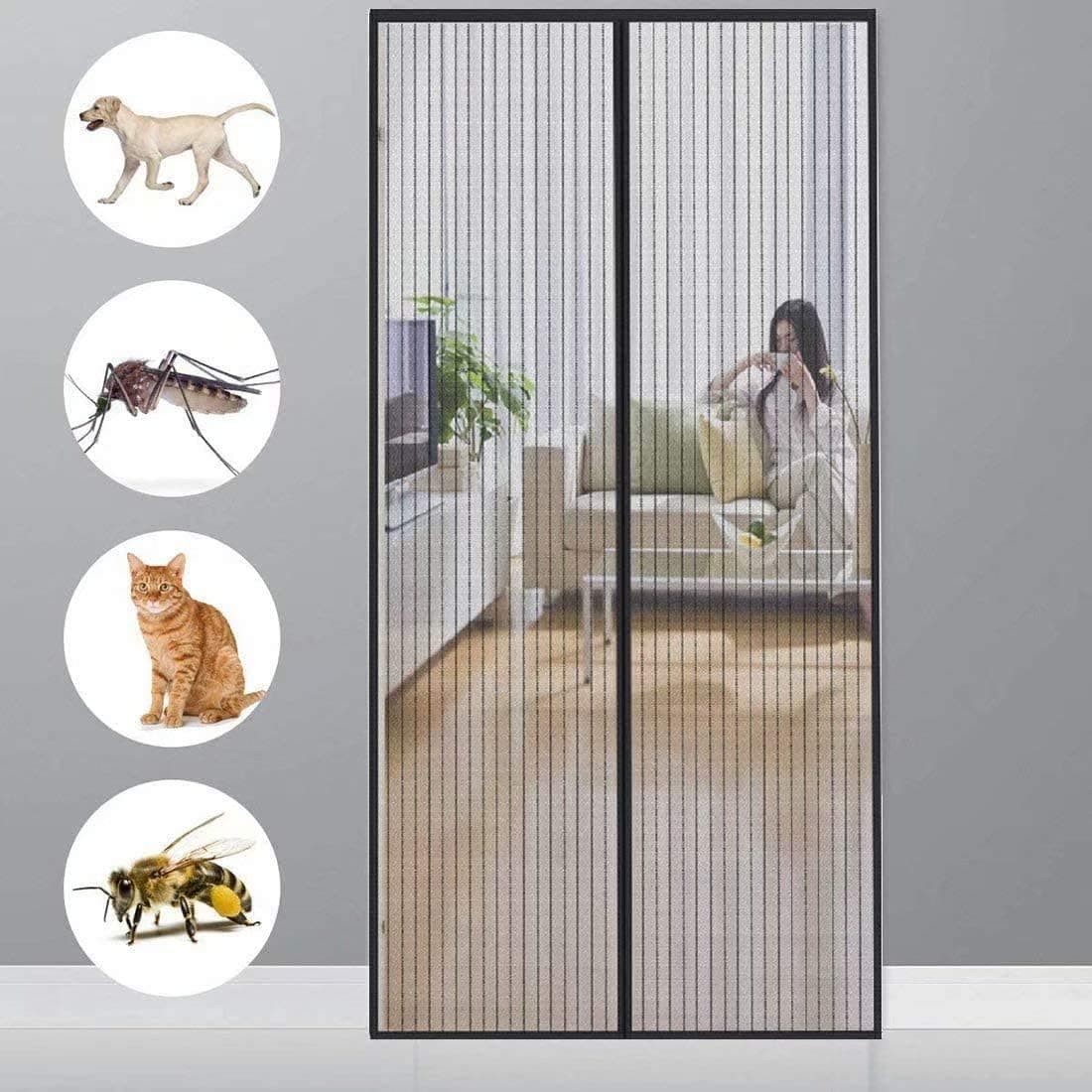 Porta de tela magnética contra insetos da Cheg, proteção contra insetos, com tira de velcro, fecho automático, instalação sem necessidade de berbequim, ideal para porta de varanda ou sala, preta, 75 x 195 cm