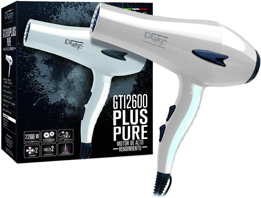 ID Italian Design - Secador de cabelo profissional GTI 2600 Pure Plus Hair Dryer | potência 2200 W - motor AC de alto desempenho, 2 velocidades e 3 modos de calor - cor branca