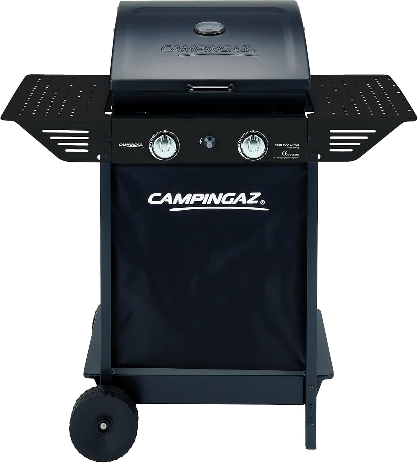 Campingaz Xpert 100 L Plus Rocky churrasqueira gás para pedra vulcânica, churrasco gás com 2 queimadores, 7,1 kW de potência, 2 grelhas de aço cromado, 2 mesas laterais e rochas de lava