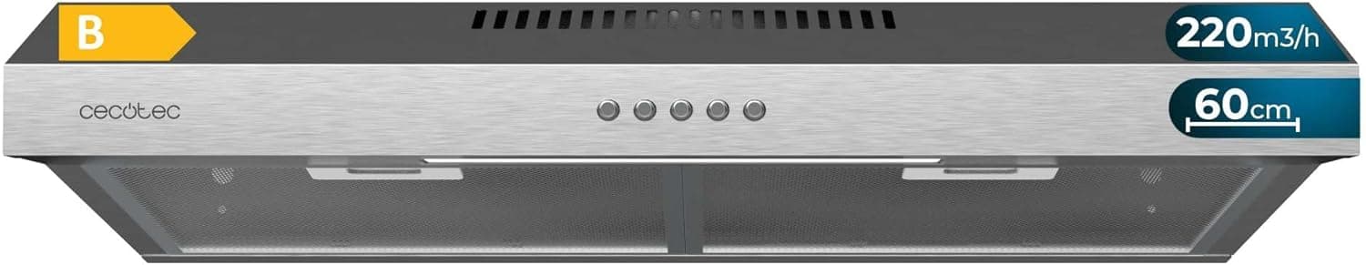 Cecotec Sino extrator de 60 cm de largura bolero Flux CM 602200 Inox B. Potência de sucção 220 m3/h, motor 70 W, baixo consumo, controlo mecânico, 3 níveis de potência, acabamento em Inox