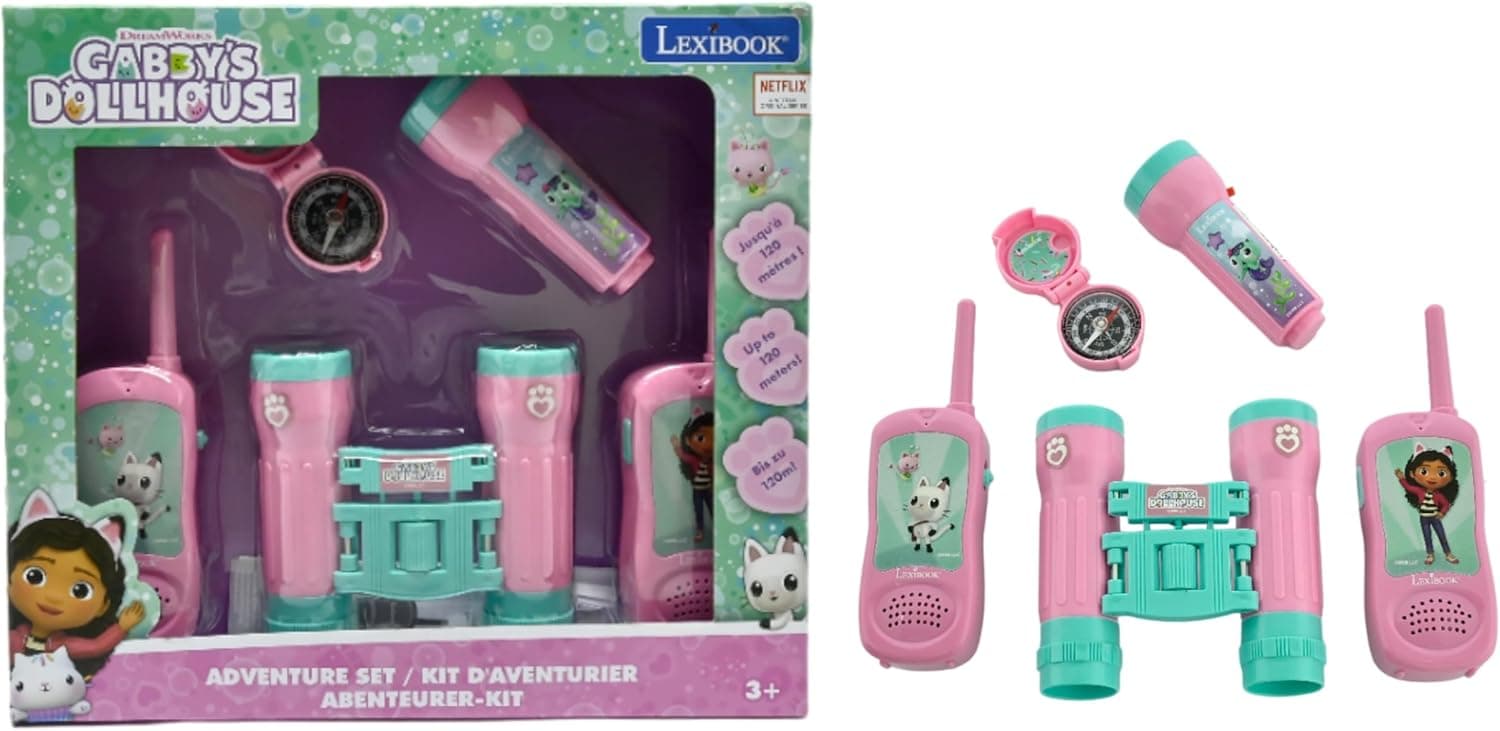 Lexibook Lexibook-RPTW12GDH, Conjunto de aventureiro a casa de bonecas de Gabby para crianças, Walkie-Talkies 120 m, binóculos, bússola, lanterna (RPTW12GDH)