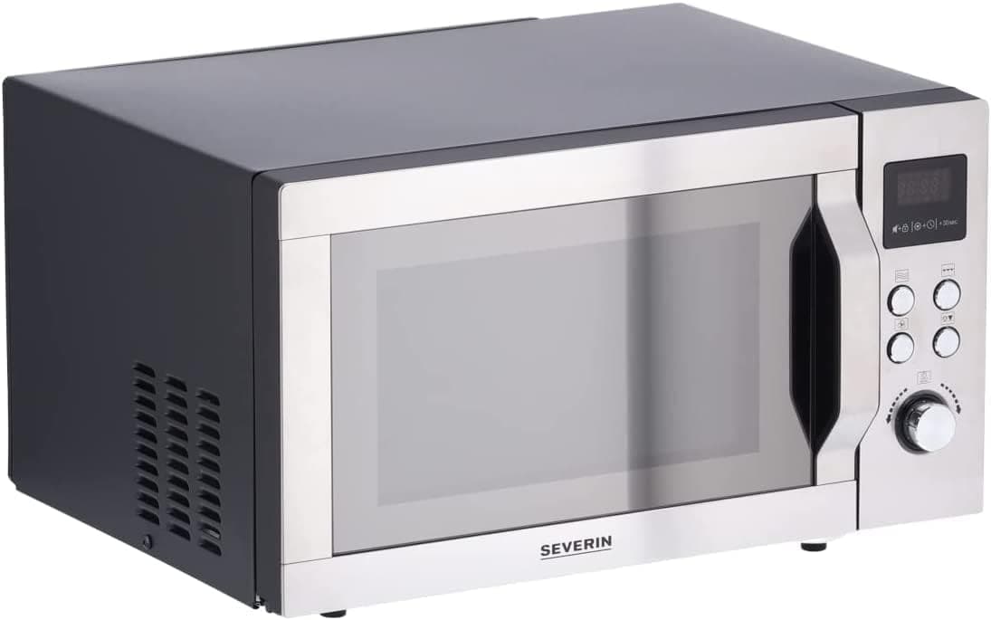 SEVERIN Microondas 3 em 1, micro-ondas com grelha, convecção e base de vidro, micro-ondas digital amplo para pratos quadrados, aço inoxidável/preto mate, MW 7777