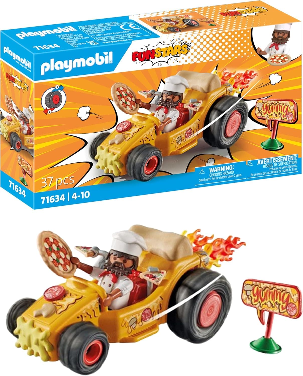 PLAYMOBIL Funstars 71634 Racing Pizza, Kart com motor retrátil, conjunto dinâmico de jogo para corridas emocionantes, brinquedos para meninos e meninas a partir de 4 anos