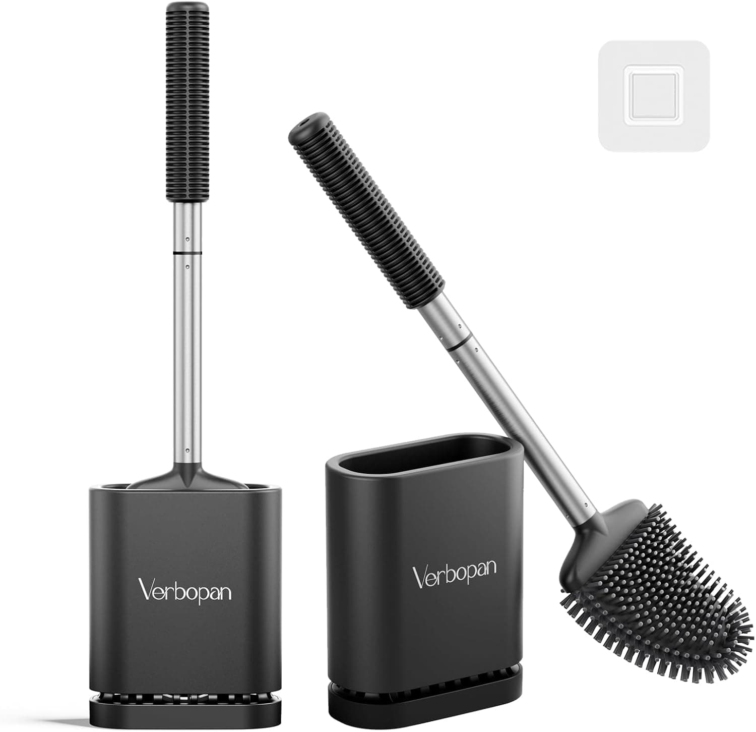 Verbopan Escova de sanita de silicone, montagem na parede, escova de aço inoxidável, escova de sanita, suporte para escova de sanita sem perfuração, suporte para escova de casa de banho 