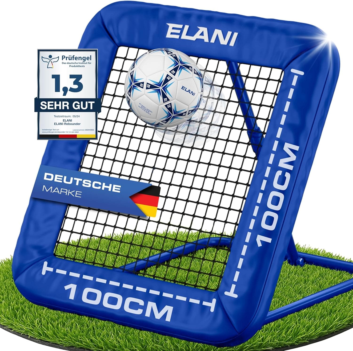 ELANI - Rebounder para futebol de 1 x 1 m com borda protetora e 6 piquetes para suporte seguro: reboteador de futebol com moldura estável, também como bola de andebol para melhorar a técnica