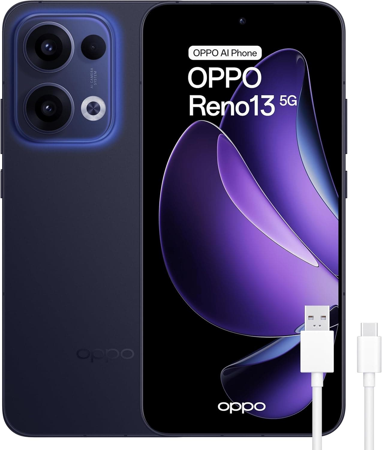 OPPO Reno13 5G Smartphone livre com IA, 12 GB RAM + 256, ecrã AMOLED de 6,6" de 120 Hz, câmara 50 MP, IP69, bateria 5.600, carregamento rápido 80 W, versão espanhol - azul
