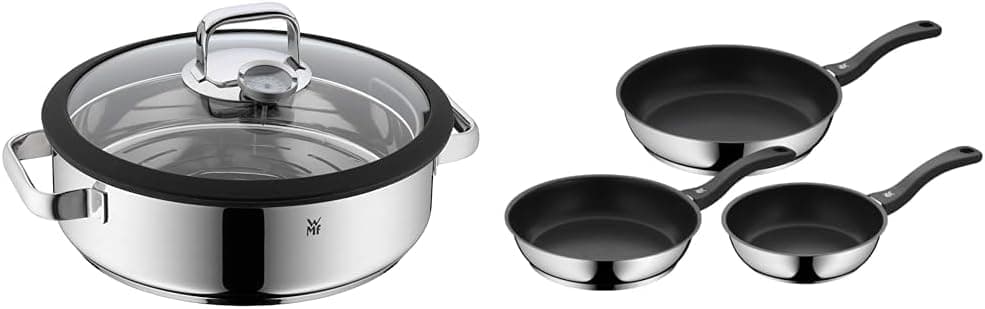 WMF Vitalis - Fonte redonda de cozedura a vapor 28 cm diâmetro, tampa de cristal e , conjunto de 3 frigideiras anti-aderentes 20 - 24 - 28 cm, frigideira de aço inoxidável e revestido