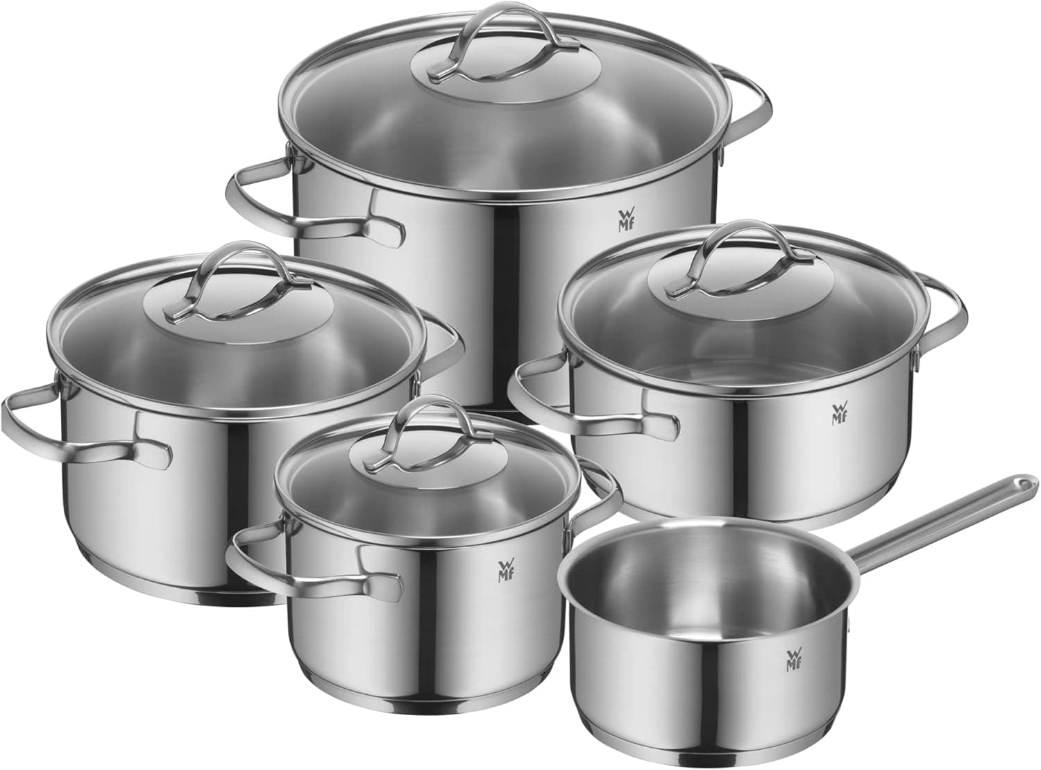 WMF Provence Plus conjunto de cozinha 5 peças em inox para indução (1 caçarola baixa 20 cm, 3 caçarolas altas 16/20/24 cm, 1 tacho 16 cm, 4 tampas de vidro)