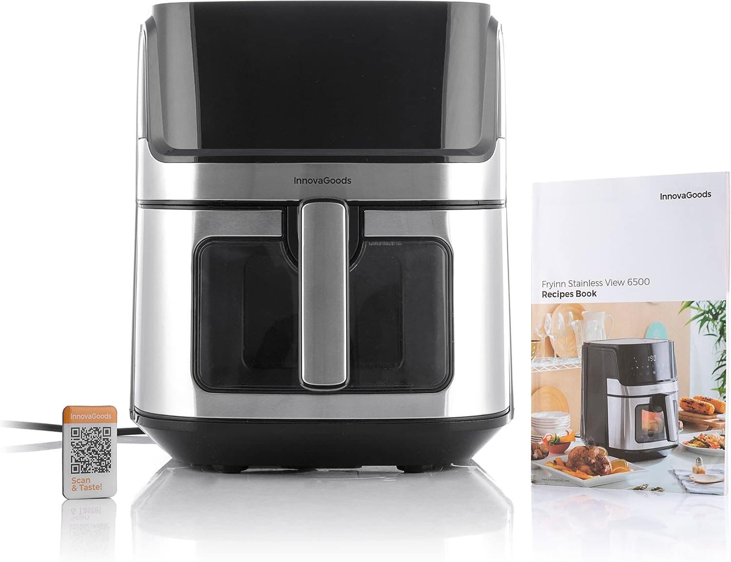 InnovaGoods® Frigideira sem óleo de 6,5 l, air fryer 1700 W, 100 receitas na ES, fritadeira a ar com 8 programas, ecrã tátil, janela, temporizador e fluxo de ar de 360° airfryer ideal para 4-6 pessoas
