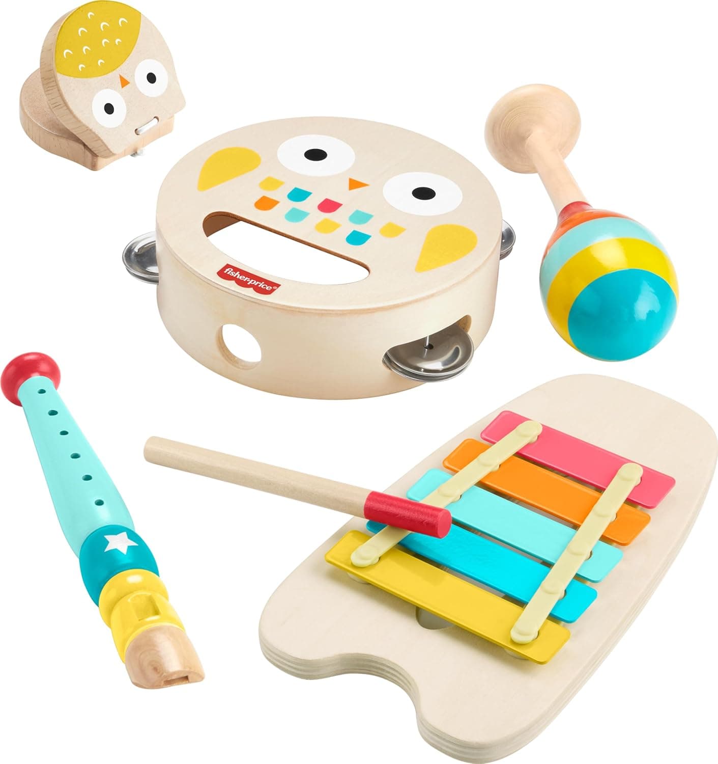 Fisher-Price Conjunto de instrumentos musicais para meninos e meninas pequenos com instrumentos musicais de brinquedo, 6 peças de madeira para crianças a partir dos 2 anos, HXT90