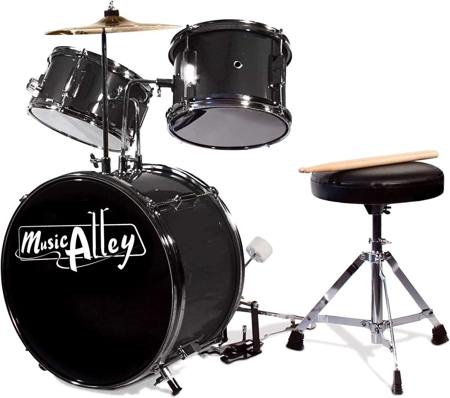 Music Alley Bateria Junior Musical Alley para crianças com pedal de bumbo, banco e baquetas - preto